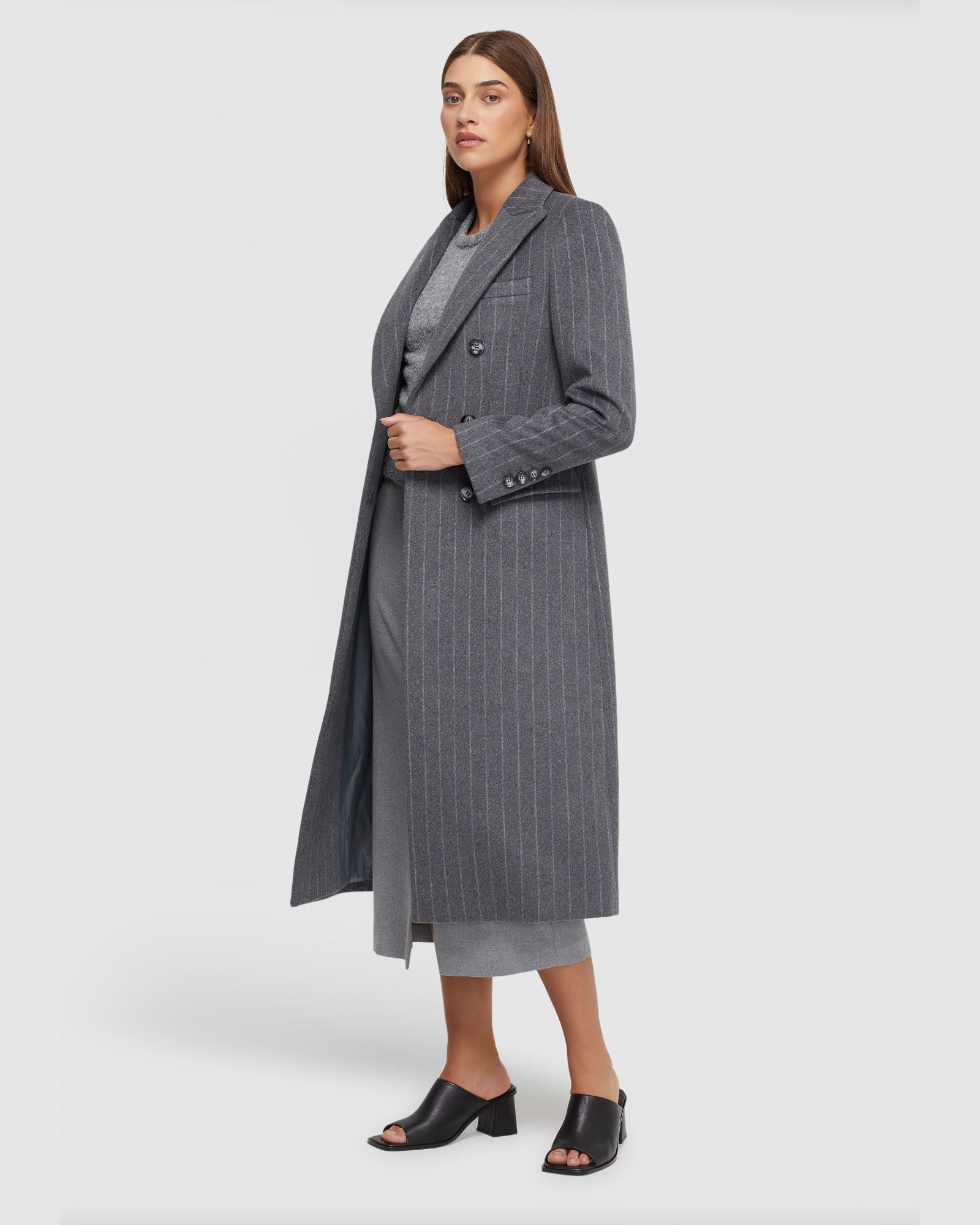 LILIAN PINSTRIPE WOOL RICH OVERCOAT