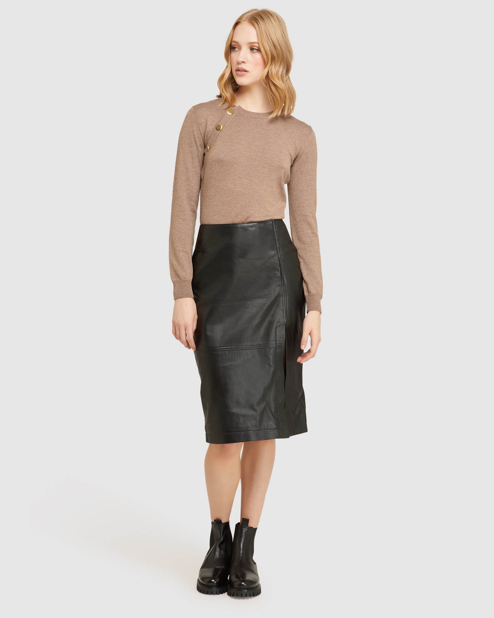 REGINA LEATHER BELTED SKIRT