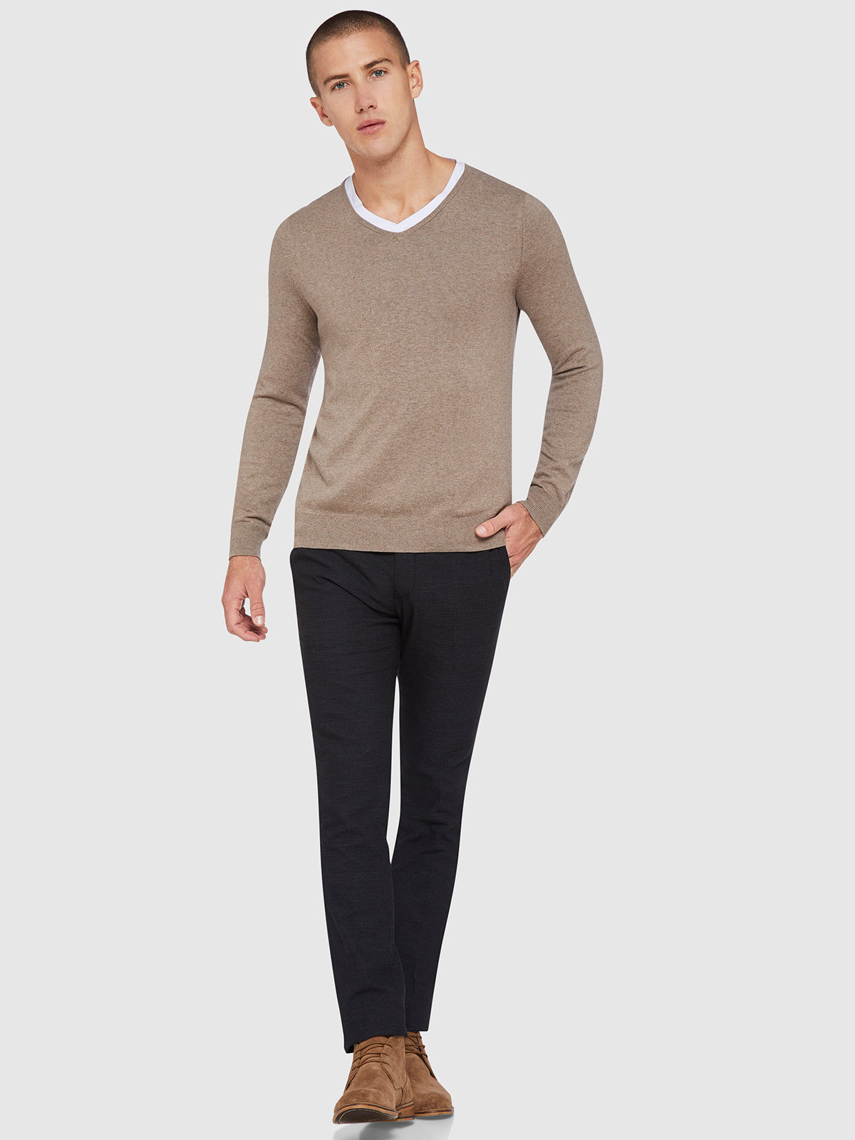 COTTON/CASHMERE V-NECK PULLOVER