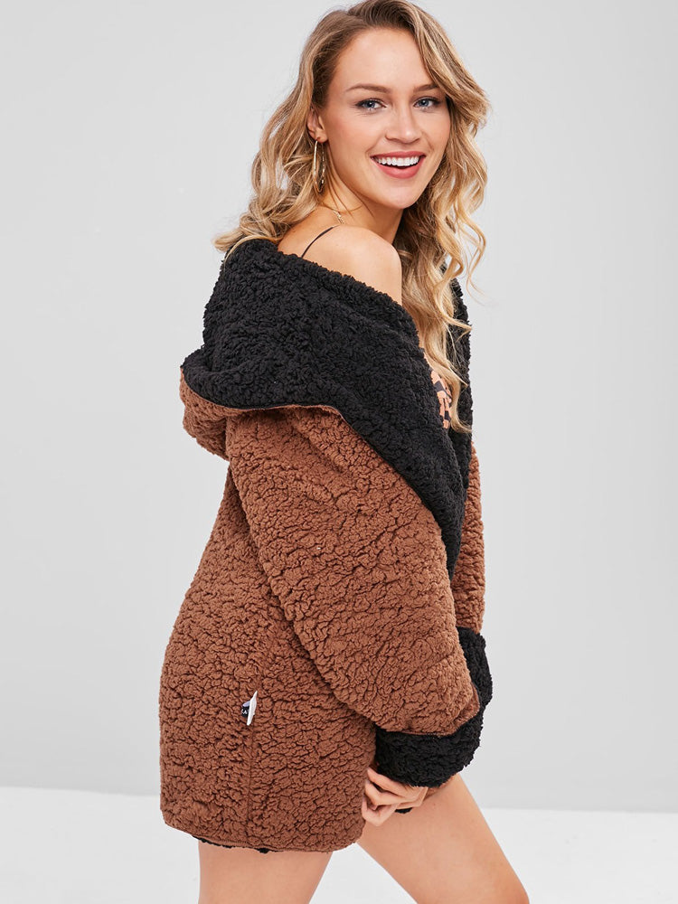 hooded open front lamb wool coat