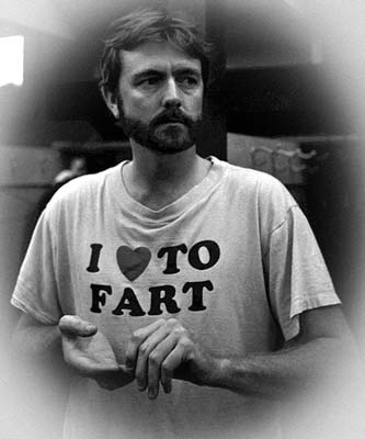 Bert Blyleven wearing his I Love To Fart shirt in the locker room.