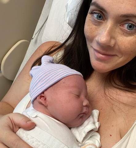 Port and Polish founder Megan Wan in a hospital bed with her new baby