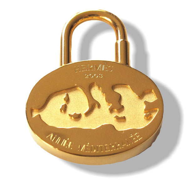 HERMES Cadena Elephant Padlock Charm 1997 Gold Bag Key Accessory  1.6x1.2" Animal