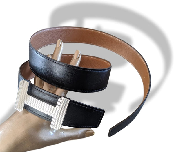 Hermes [113] Black/Bleu de Prusse Togo/Box Reversible Belt Strap 32 mm Bnib! - poupishop