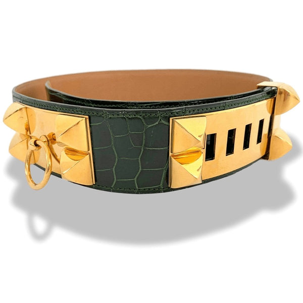 Hermes Black Shiny Crocodile Porosus Lisse Gold Plated Collier de Chien Reversible Buckle Belt Size 90