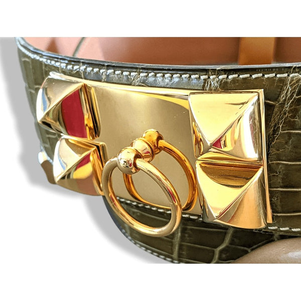 Hermes Black Shiny Crocodile Porosus Lisse Gold Plated Collier de Chien Reversible Buckle Belt Size 90