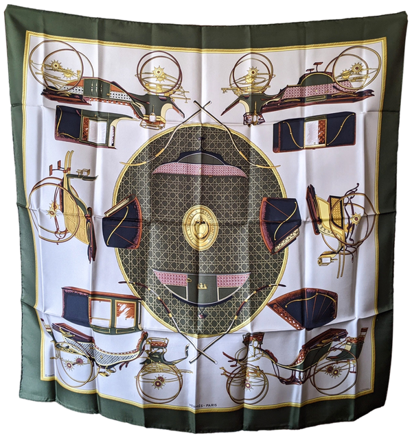 Hermes 1980 Vert "Les Voitures a Transformations" Twill Scarf 90 x 90 cm