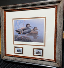 Load image into Gallery viewer, Daniel Smith &quot;1996 Texas Texas Waterfowl Stamp Print With Double Stamps&quot; Gadwall Ducks, Number 1983 Of 5650 - Published By The Texas Parks and Wildlife Department, TPWD - Mint Condition, Signed By Artist, Brand New Custom Sporting Frame