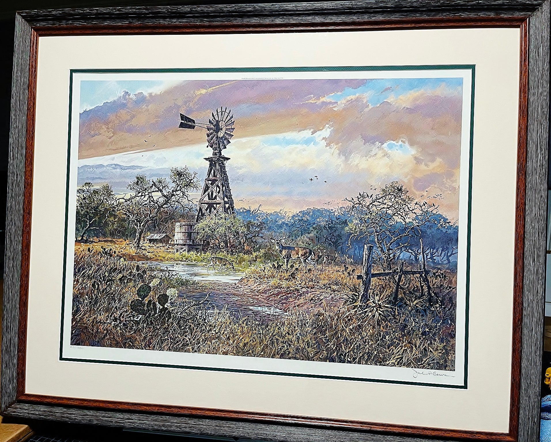 John P. Cowan Windmill Whitetails Lithograph 1988 - Brand New Super Custom Sporting Frame