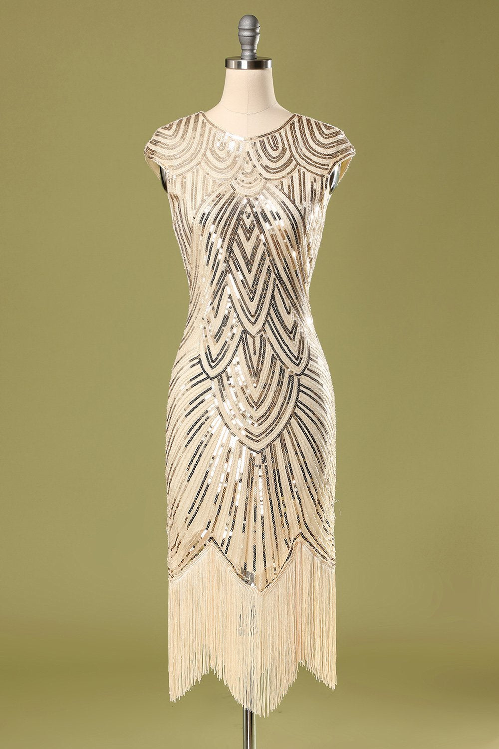 Zapaka AU Gatsby Dress Women's Gold Boat Neck Cap Sleeves Sequin Fringe ...