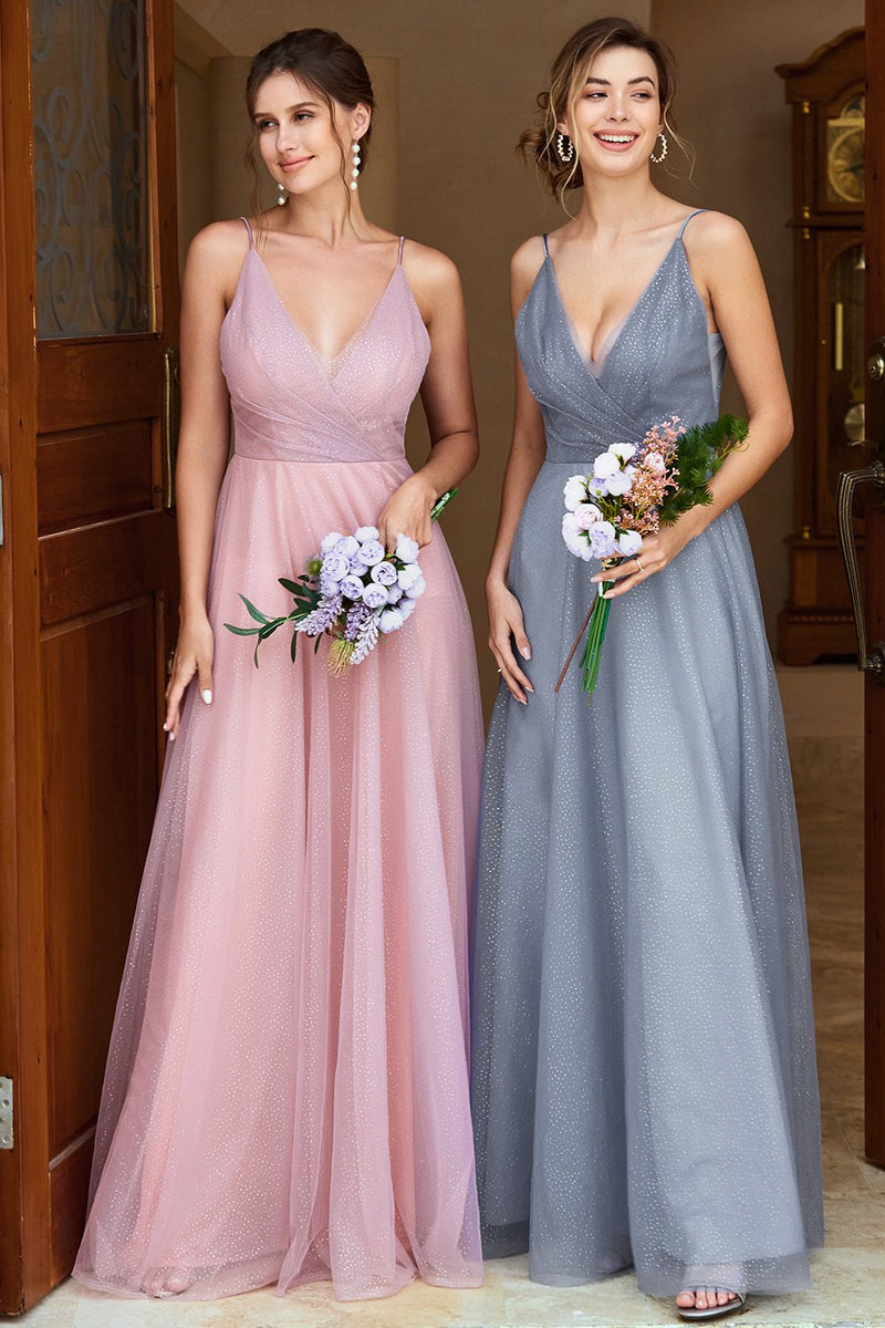 Load image into Gallery viewer, A Line Spaghetti Straps Grey Blue Long Bridesmaid Dress