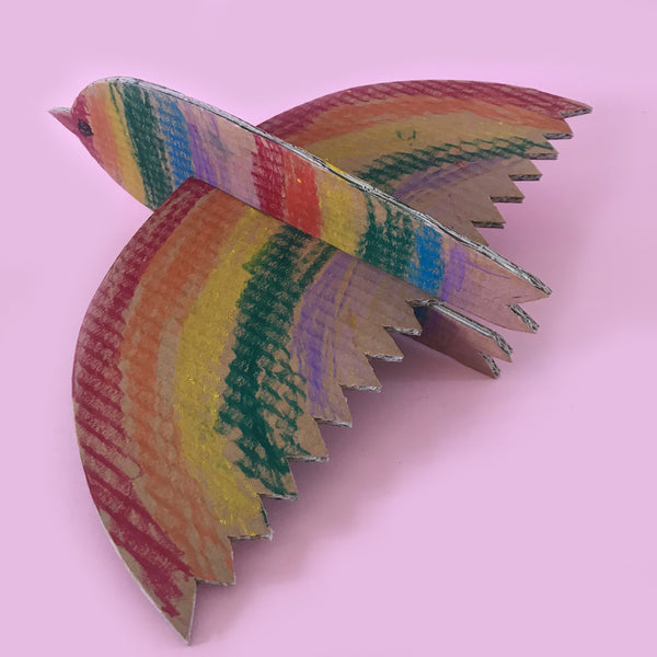 rainbow coloured cardboard bird craft project