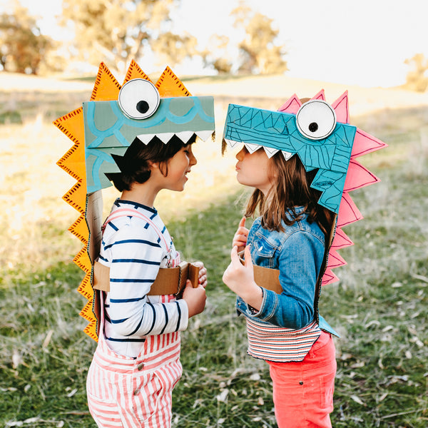 DIY dinosaur dress up costumes made from cardboard boxes