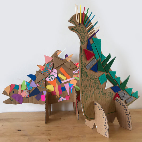 3D collage dinosaurs made from cardboard