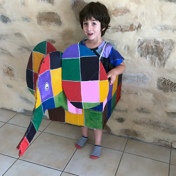 Cardboard Elmer the elephant costume