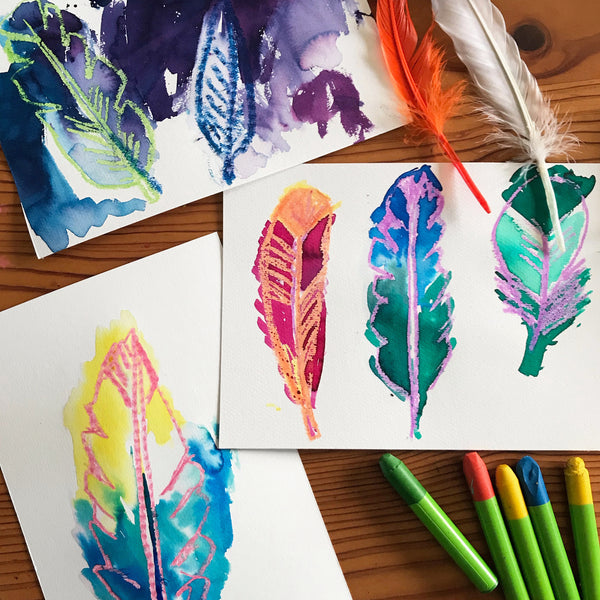 wax crayon and liquid watercolour painted feathers kids art project