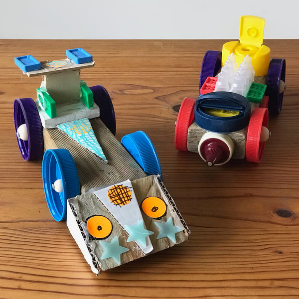 toy cars make from up-cycled junk materials