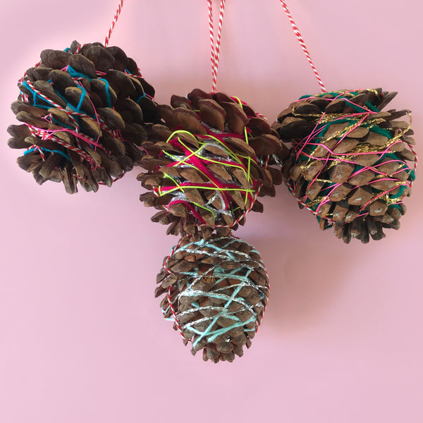 yarn wrapped pine cone christmas decorations