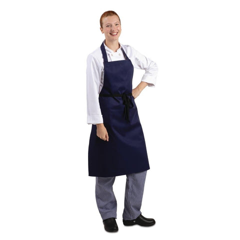 Lifestyle Model Of bib apron, navy blue. For commercial style kitchen staff, or normal customers 