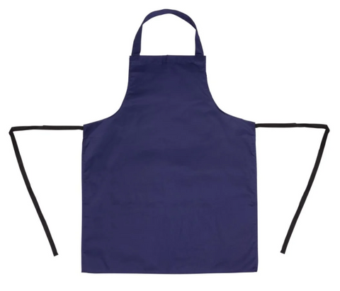 Birds Eye View of blue bib apron navy blue, for commercial style kitchen staff, or normal customers. 