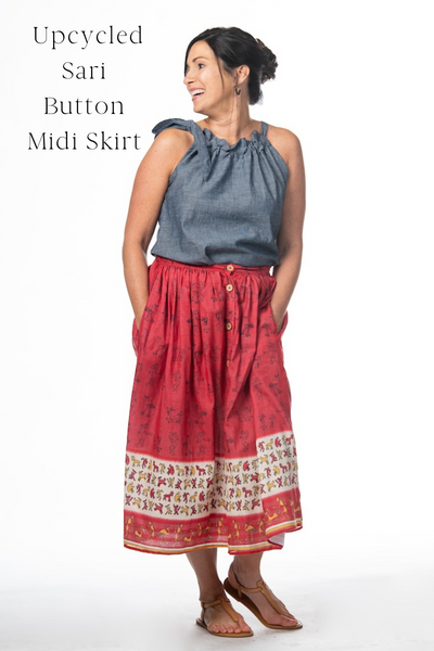 Upcycled Sari Button Midi Skirt