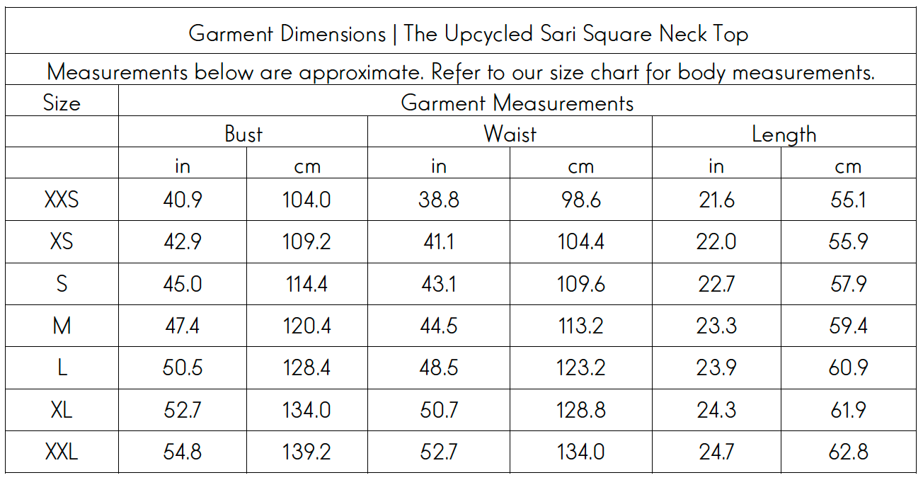 Garment Dimensions for Swahlee's Upcycled Sari Square Neck Top
