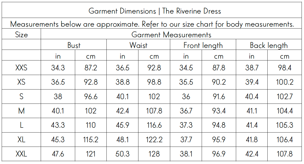 Garment Dimensions for Swahlee's Riverine Dress