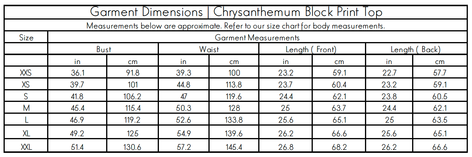 Swahlee - Garment Dimensions - Chrysanthemum Block Print Top