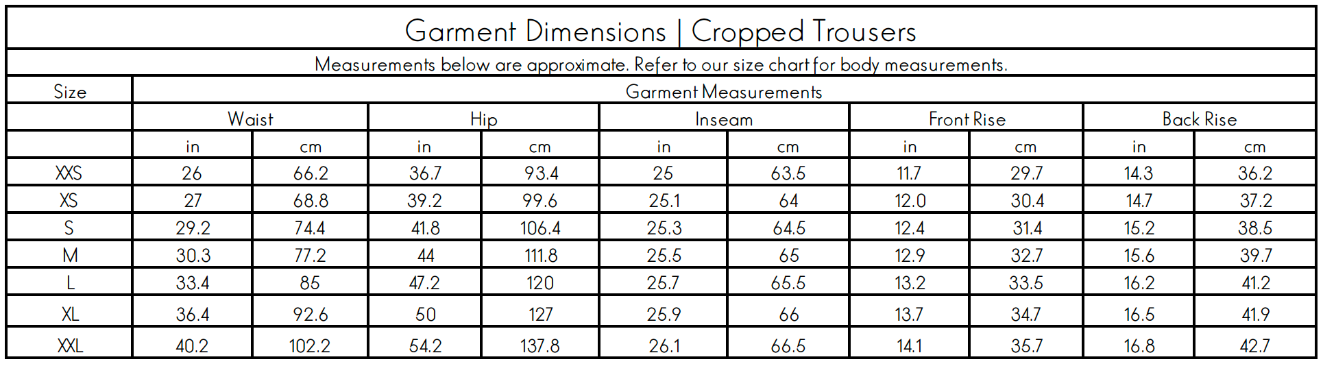 Swahlee Cropped Trousers Garment Dimensions