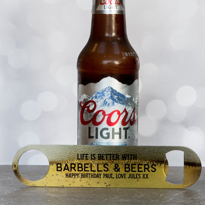 Life Is Better With Beer - Barblade Bottle Opener Customised With Favourite Thing - Barbells Football Rugby