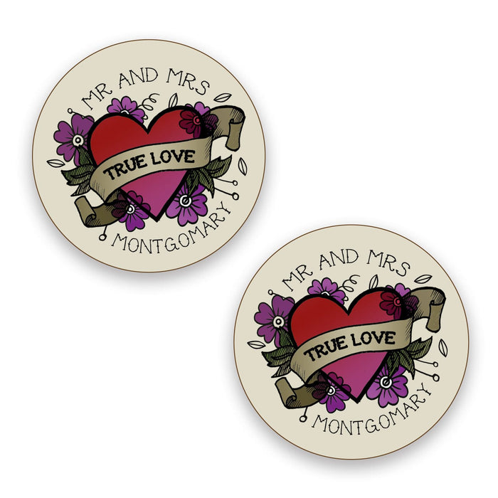 Gift For Wedding Couple - Sailor Jerry Heart & Flowers Tattoo Coaster - Unique Anniversary Present