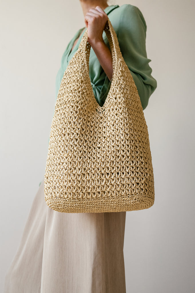 Crochet Raffia Tote in Natural, Summer Tote Bag, Straw Mesh Bag