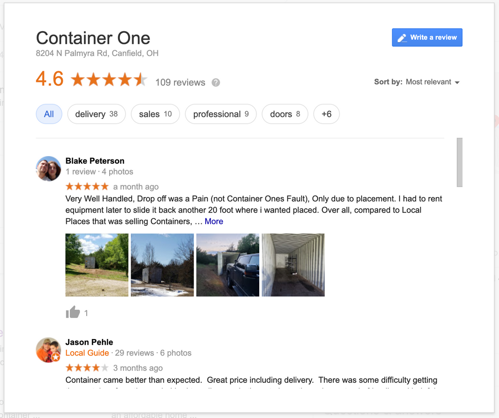 Container One Google Reviews