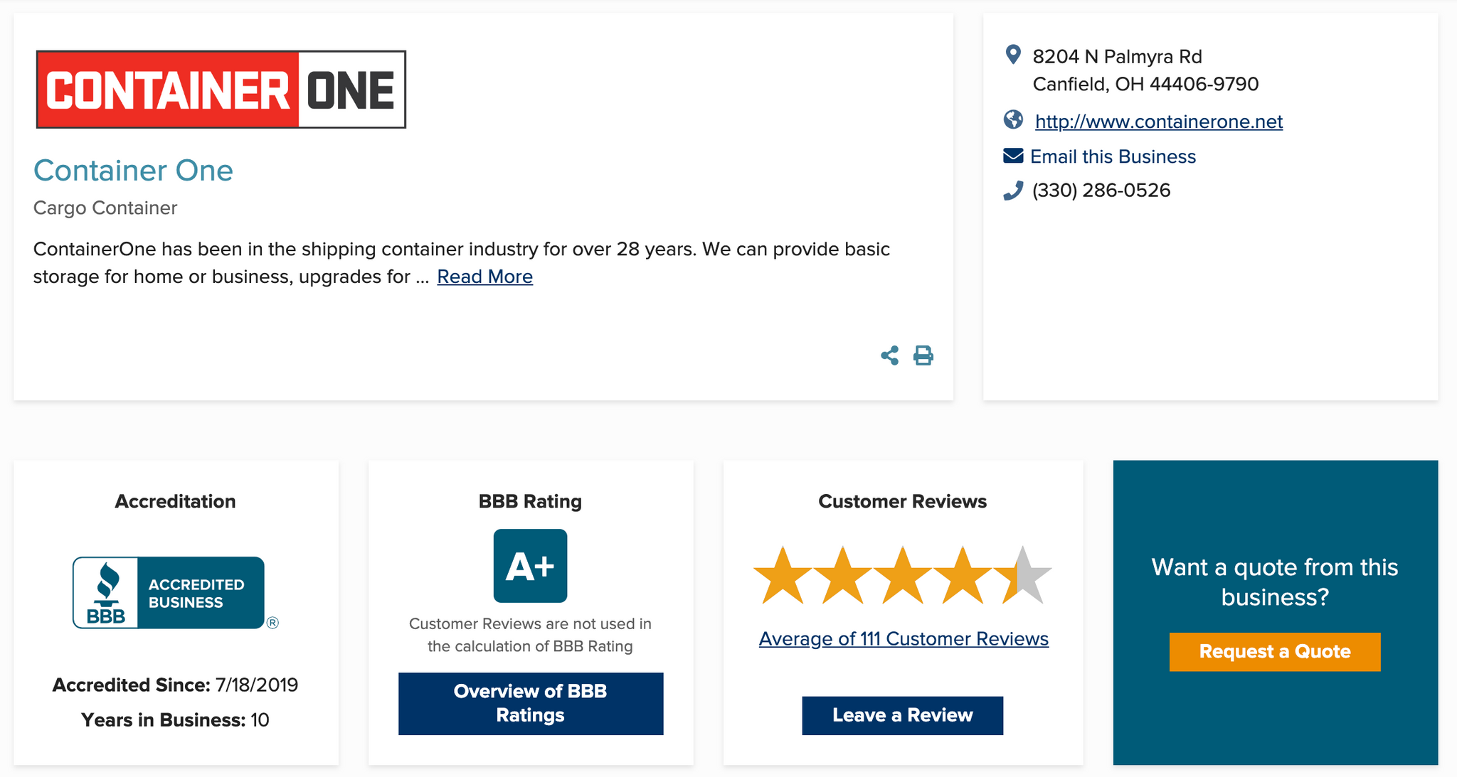 Container One Better Business Bureau (BBB) Review