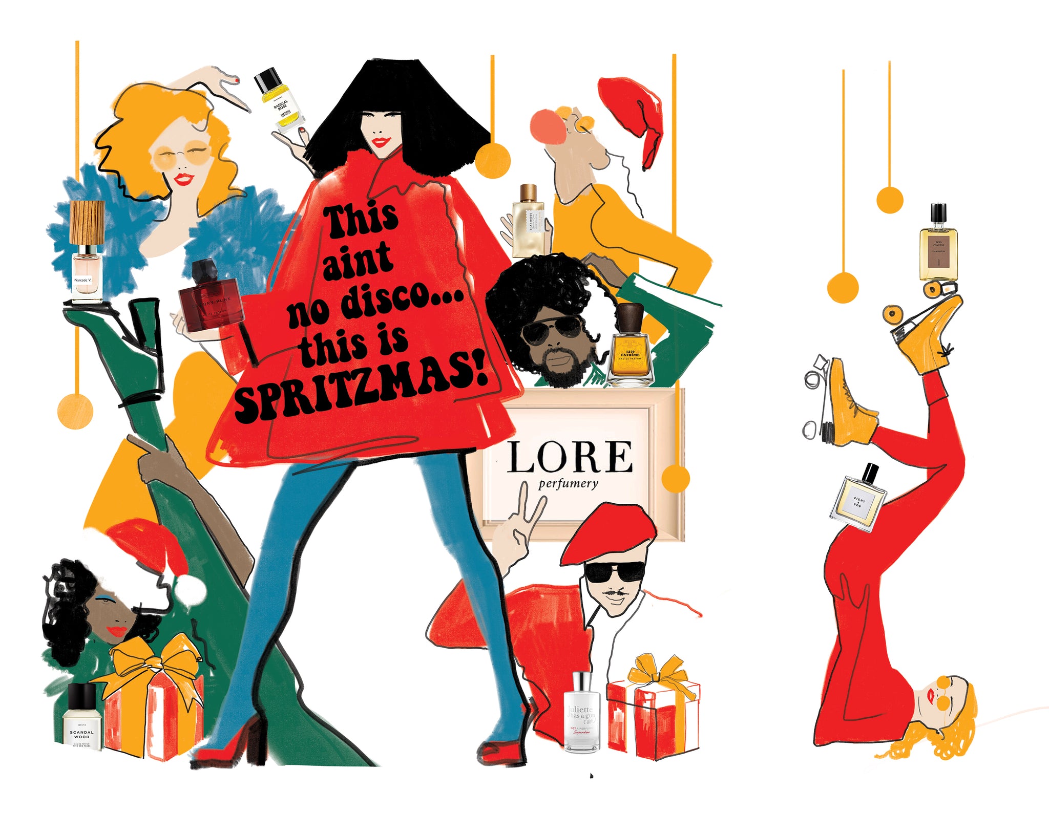 Kelly Thompson fashion illustrator, Disco Christmas window Lore Perfumery Melbourne