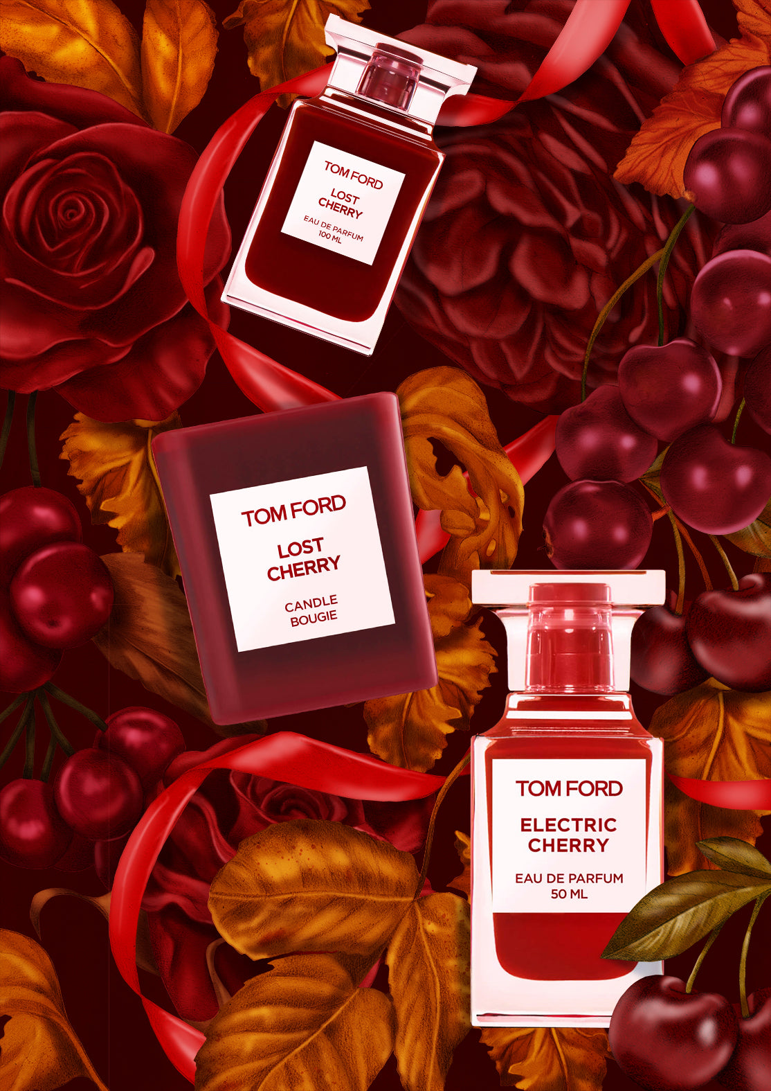 Illustration ft Tom Ford Electric Cherry and Lost Cherry fragrances by Kelly Thompson Illustration from Mecca Cosmetica