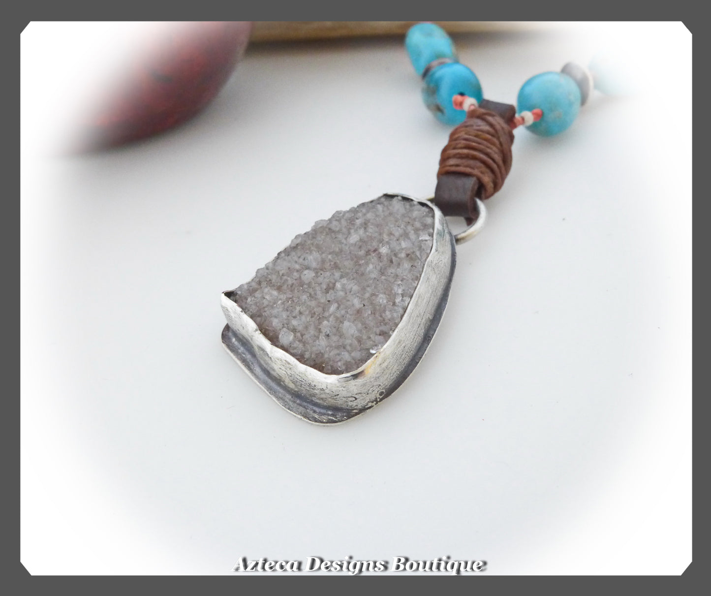 Druzy+Blue Tigers' Eye+Campitos Turquoise+Sterling Silver Necklace