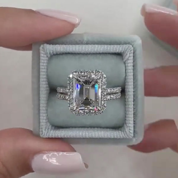 Halo Emerald Cut Sona Simulated Diamonds Wedding Ring Set for Women