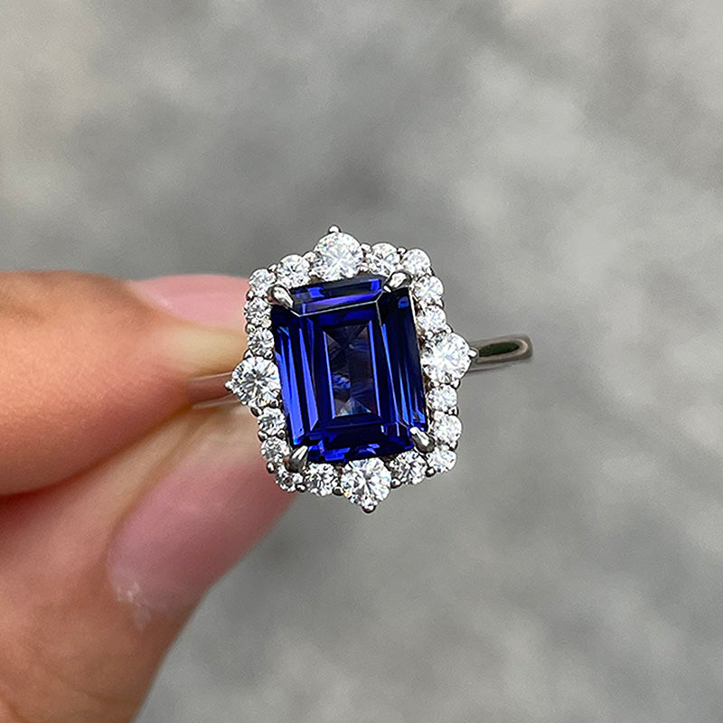 3.0 Carat Halo Emerald Cut Blue Sapphire Engagement Ring In Sterling S ...