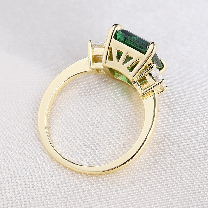 Yellow Gold Emerald Green & White Sapphire Emerald Cut Three Stone Eng ...