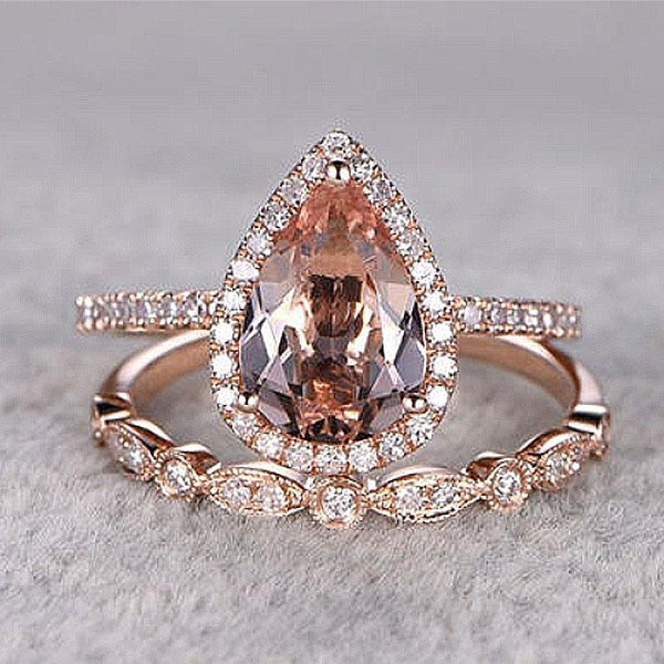 Maxine Rose Gold Halo Pear Cut Synthetic Morganite Wedding Ring Set ...