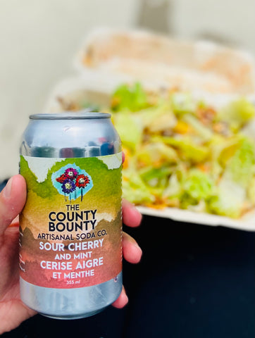 The County Bounty Artisanal Soda Co in Napanee, Ontario grown produce in locally made cider, non-alcoholic drink Lennox & Addington County, Ellena's cafe downtown Napanee, Sour cherry and mint soda, The County Bounty retail and tasting in Napanee, find across Ontario including Ottawa and Kingston