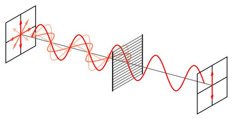Muestra las ondas del polarizado y cómo el filtro polarizados las neutraliza para que las longitudes de onda se vuelvan más estables