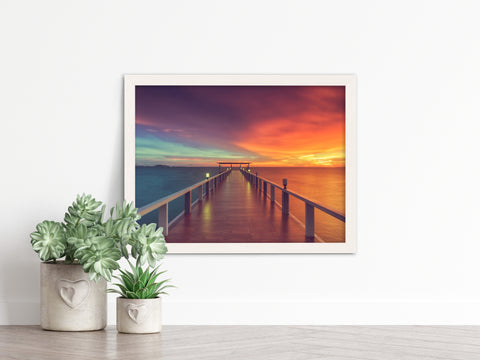 Wall Art Peaceful: Surreal Wooden Pier At Sunset with Intrigued Effect Framed Wall Art Prints