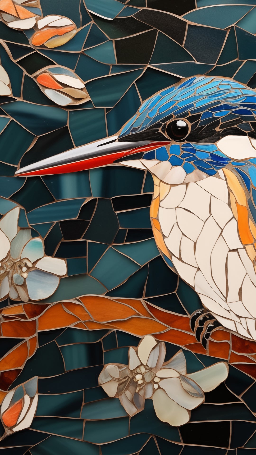 Kingfisher Among Blossoms Mosaic Illustration Digital Artwork Professional Phone Background