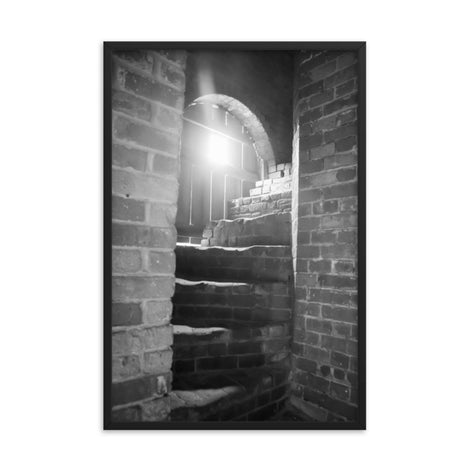 Modern Industrial Wall Decor: Fort Clinch Stairway Black and White Photo Framed Wall Art Print