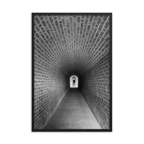 Urban Framed Wall Art: Fort Clinch Tunnel Black and White Photo Framed Wall Art Print