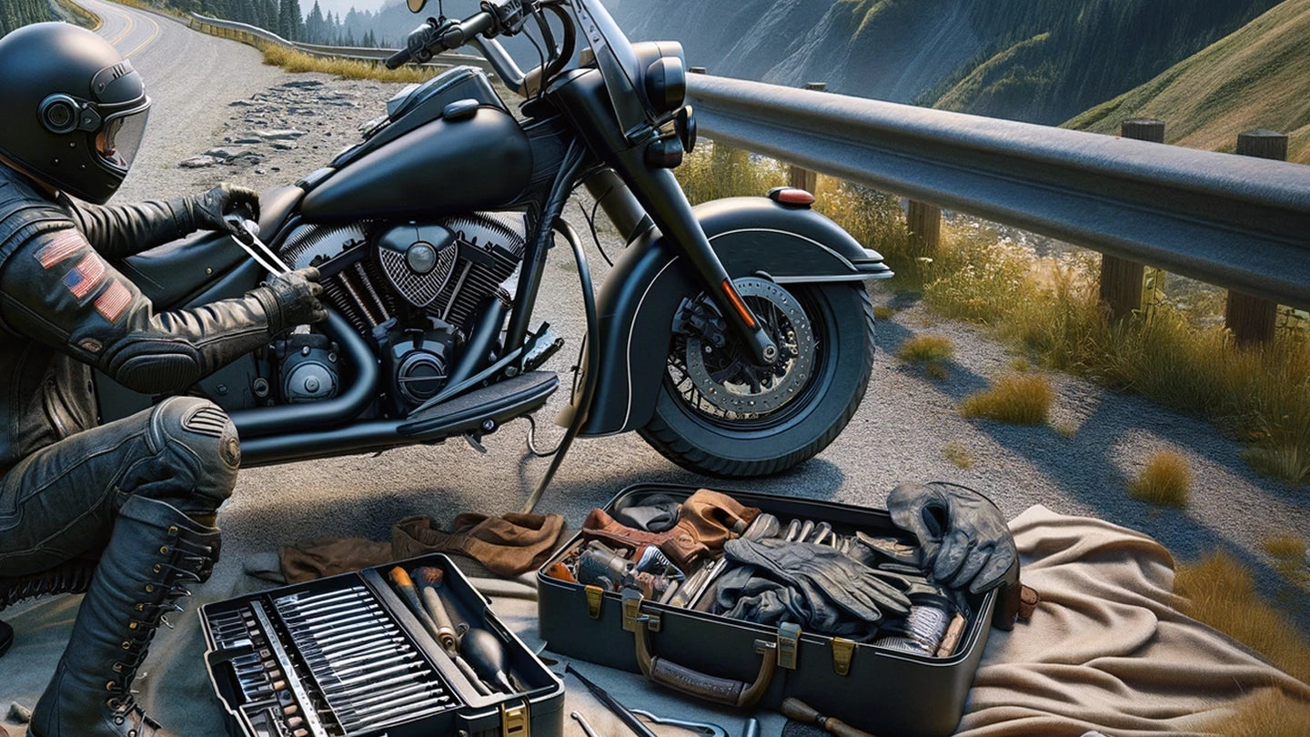Motorcycle rider fixing motorcycle on mountain overlook with tools on the ground
