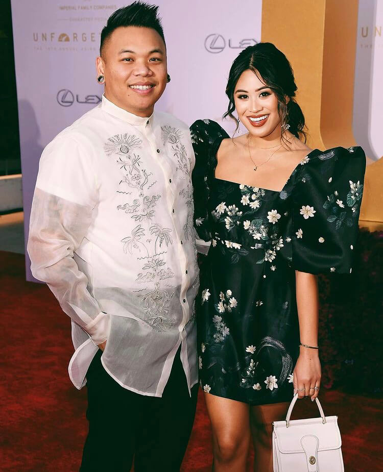 AJ Rafael in the Filipino Deco Jusi Tunic Barong and Alyssa Navarro in the Sumpa Kita Mini Terno Dress