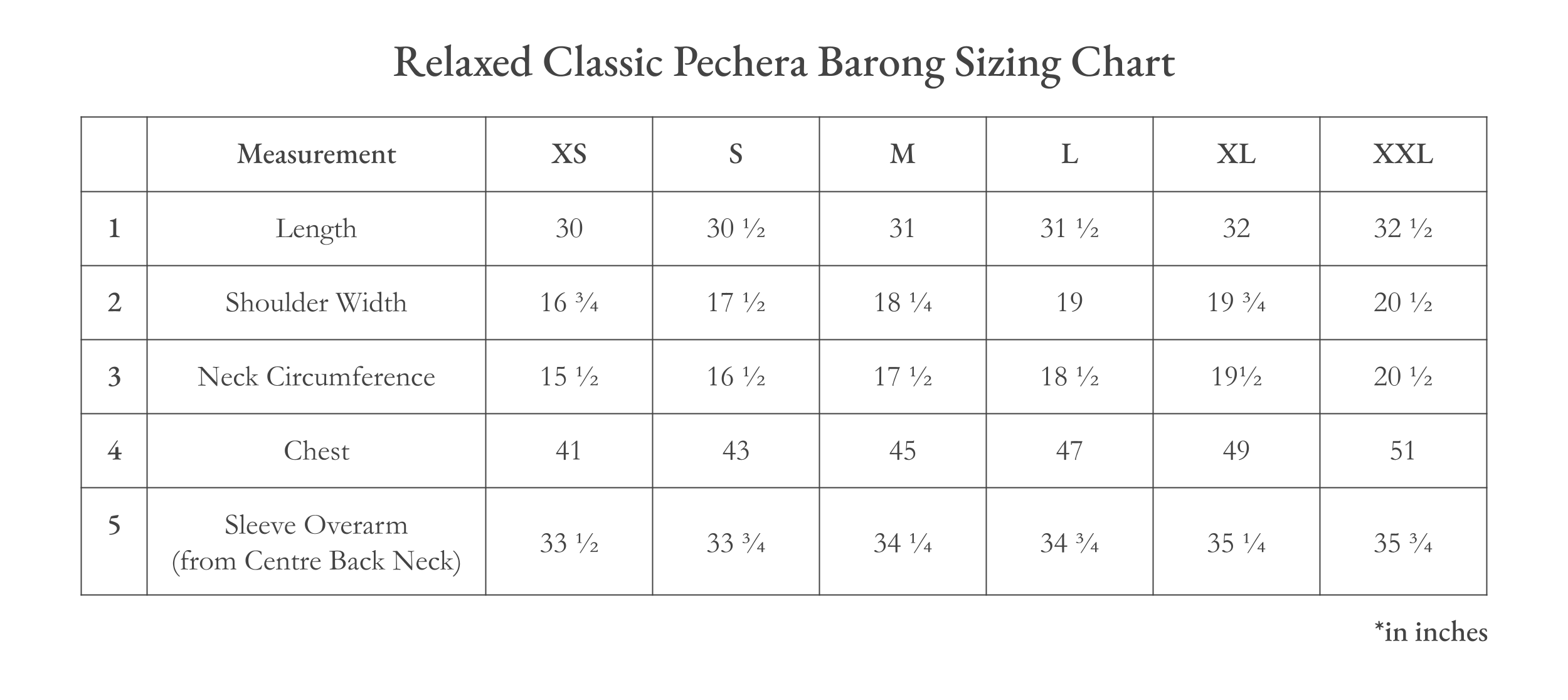 Vinta Classic Pechera Barong (Neo Classic) Size Chart